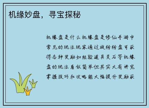 机缘妙盘，寻宝探秘